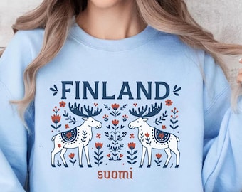 Finland sweatshirt, Scandinavian Folk art crewneck sweater, Finnish Scandinavia Travel Gift Souvenir