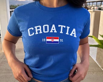 Croatia Women's Baby Tee, Croatian Flag Y2K T-shirt, Croatia Travel Crop Tee, Vintage 2000s 90's Baby Tee, Zagreb Holiday Shirt