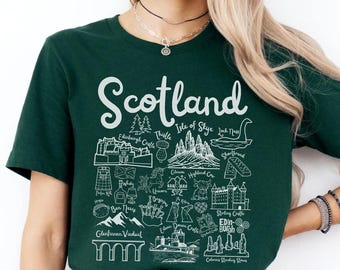 Scotland Shirt, Scotland Doodle Landmarks Unisex Shirt, Scottish Travel Gift Souvenir, United Kingdom Tee