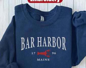 Moletom bordado Bar Harbor, suéter de gola redonda bordado Maine, lembrança de viagem Maine, pulôver unissex Bar Harbor Lobster