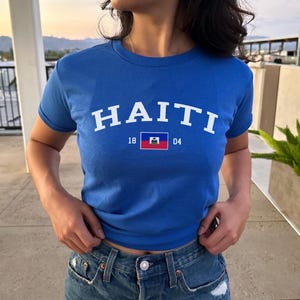 Haiti Women's Baby Tee, Haitian Flag Y2K T-shirt, Haiti Travel Crop Tee, Vintage 2000s 90's Baby Tee, Port-au-Prince Holiday Shirt image 1