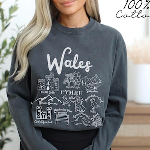 Wales Landmarks Comfort Colors® Long Sleeve Tee 100% cotton, Wales Doodles Vacation Tshirt, Welsh Gift Souvenir, Cardiff holiday shirt