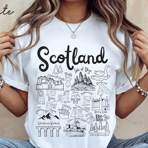 Scotland Shirt, Scotland Doodle Landmarks Unisex Shirt, Scottish Travel Gift Souvenir, United Kingdom Tee
