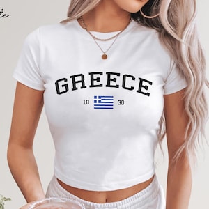 Greece Women's Baby Tee, Greek Flag Y2K T-shirt, Greece Travel Crop Tee, Vintage 2000s 90's Baby Tee, Athens Holiday Shirt