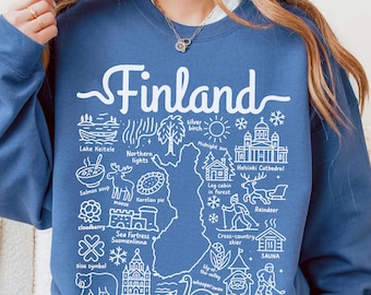 Finland Sweatshirt, Finland Landmarks Unisex Crewneck, Finland Doodles Trendy Pullover,Finnish Travel Gift Souvenir,Helsinki holiday Sweater