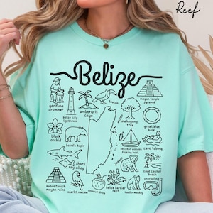Könnte beinhalten: Ein mintgrünes T-Shirt mit einem schwarzen Grafikdruck einer Karte von Belize, umgeben von Illustrationen lokaler Sehenswürdigkeiten, Wildtiere und Pflanzen, darunter ein Tukan, ein Jaguar und Maya-Ruinen, mit dem Text "Belize" und "Island Reef".