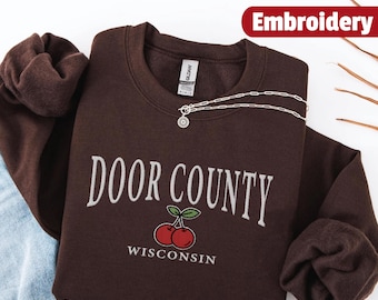 Moletom bordado do Condado de Door, suéter de gola redonda bordado de Wisconsin, lembrança de viagem de Wisconsin, suéter unissex do Condado de Door