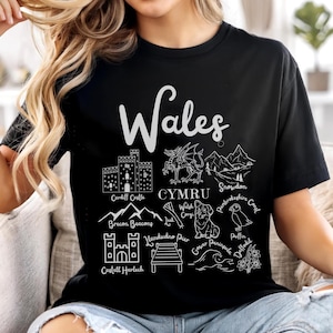 Wales Shirt, Wales Doodle Landmarks Unisex Shirt, Welsh Travel Gift Souvenir, United Kingdom Tee