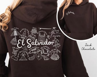 El Salvador hoodie, El Salvador Landmarks Front Back hooded sweatshirt, El Salvador Doodles Pullover hoodie, Salvadoran Travel Gift Souvenir