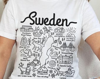 Sverige-tröja, Sverige Doodle Landmarks Unisex T-shirt, Svensk resepresent Souvenir, Stockholms semestertröja