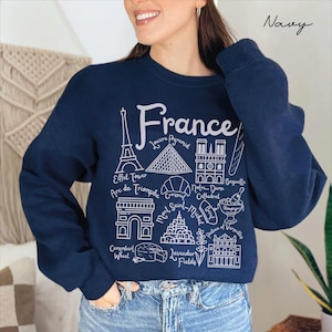 France Sweatshirt, France Landmarks Unisex Crewneck, France Doodles Trendy Pullover, French Travel Gift Souvenir, Paris Sweater Hoodie