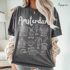 Amsterdam Comfort Colors® Tee Shirt, Amsterdam Doodles Landmarks Unisex Shirt, Netherlands Travel Gift Souvenir Dutch Tee