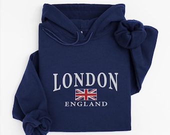London embroidery hoodie, England Flag Hooded Sweatshirt, UK Capital Travel Gift Souvenir, London Unisex pullover