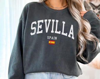 Sevilla Spain Flag Unisex Comfort Colors T-shirt, Crewneck Sweatshirt, Hoodie, Long Sleeve Tee, Spanish Andalusia Travel Gift Souvenir