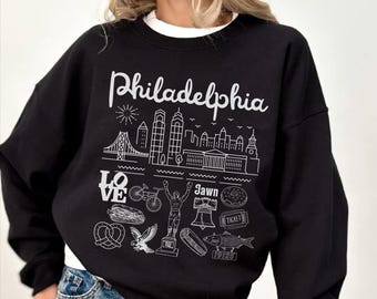 Philadelphia Landmarks Sweatshirt crewneck , Pennsylvania doodle Unisex T-shirt , Baby Tee Y2K Style, Philly Vacation Gift souvenir