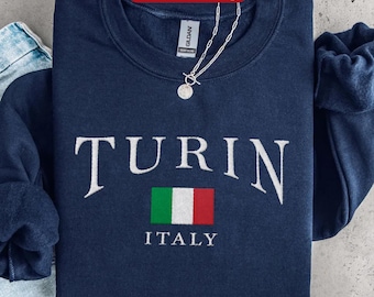 Turin broderad tröja, rund halströja med broderi från Italiens flagga, Turin-semestertröja, italiensk resepresent med souvenir