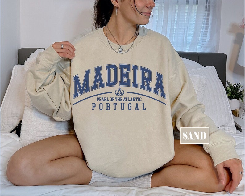 Madeira-tröja, Madeira-tröja med rund hals, Vintage-portugisiska kläder för kvinnor, portugisisk ö-tröja i överdimensionerad storlek, souvenirpresent, Funchal Sand