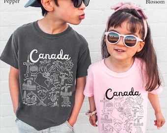 Canada Kids Shirt Comfort Colors Doodle Landmarks, Youth T-Shirt crewneck Sweatshirt Hoodie, Toddler Tee Canadian Souvenir