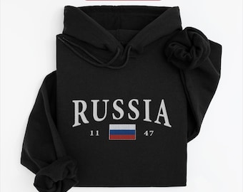 Moletom com capuz bordado com a bandeira da Rússia, Moletom com capuz bordado com a bandeira da Rússia, Moletom para férias na Rússia, Lembrança de viagem eslava