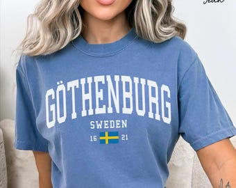 Gothenburg Sweden  Flag Unisex Comfort Colors T-shirt, Crewneck Sweatshirt, Hoodie, Long Sleeve Tee, Swedish Travel Gift Souvenir