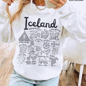 Felpa Islanda, Girocollo unisex con i monumenti dell&#39;Islanda, Pullover alla moda con scarabocchi dell&#39;Islanda, Souvenir regalo islandese, Felpa con cappuccio Reykjavik