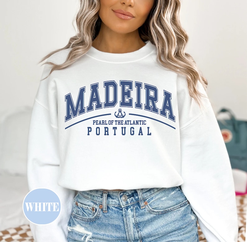 Madeira-tröja, Madeira-tröja med rund hals, Vintage-portugisiska kläder för kvinnor, portugisisk ö-tröja i överdimensionerad storlek, souvenirpresent, Funchal White