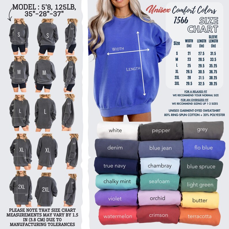 May include: A blue unisex sweatshirt with a size chart and colour options. The chart shows measurements in inches for various sizes, from S to 3XL. Colour options include white, denim, and violet. The sweatshirt is made of 80% ring-spun cotton and 20% polyester.