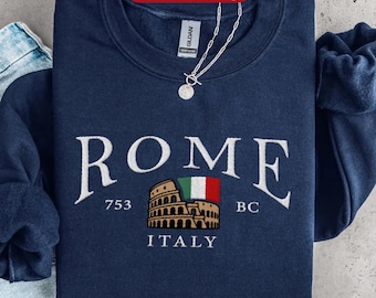 Broderad tröja med Rom-motiv, rund halsringning med broderi från Italiens flagga, semestertröja med Roms Colosseum-motiv, italiensk resepresent och souvenir