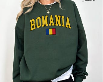 Romania Flag T-Shirt, Crewneck Sweatshirt, Hoodie Pullover, Romanian Travel Souvenir Gift Apparel Unisex, Varsity College Style