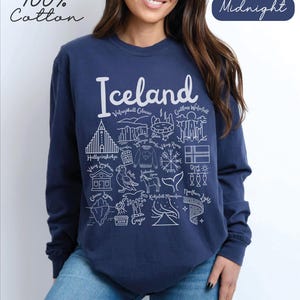 Iceland Landmarks Comfort Colors® Long Sleeve Tee 100% cotton,Iceland Doodles Vacation Tshirt, Icelandic Gift Souvenir, Reykjavik shirt