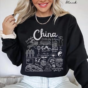 China Sweatshirt, China Landmarks Unisex Crewneck, China Doodles Trendy Pullover, Chinese Travel Gift Souvenir, Beijing Sweater Hoodie