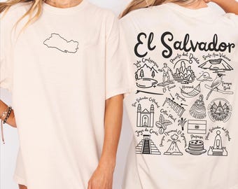Maglietta El Salvador Comfort Colors®, maglietta unisex fronte e retro El Salvador Doodles Landmarks, souvenir salvadoregno, maglietta San Salvador