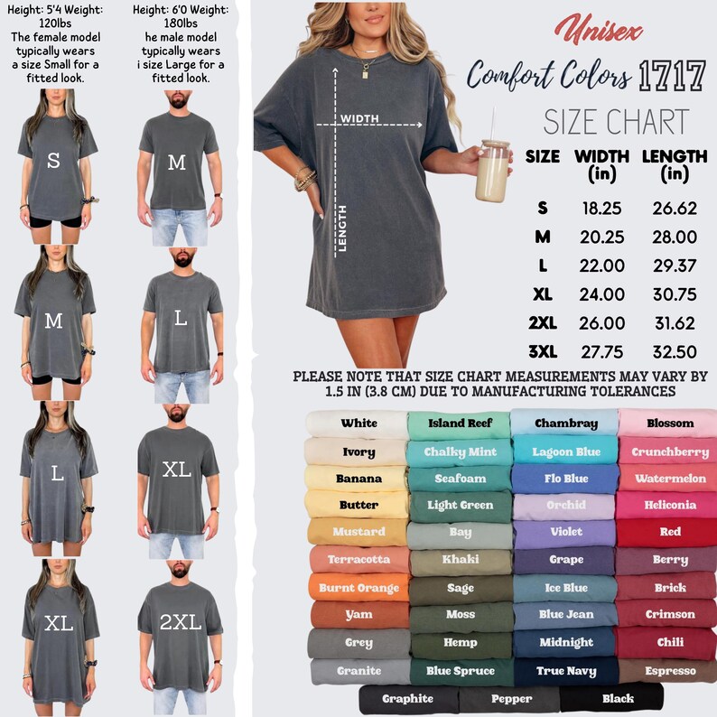May include: Unisex Comfort Colors 1717 size chart with measurements in inches. Includes a colour palette with options like white, black, and blue. The image also shows models wearing t-shirts in various sizes.