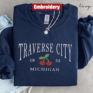Traverse City embroidered sweatshirt, Michigan embroidery crewneck sweater, Traverse City cherry holiday pullover travel gift souvenir