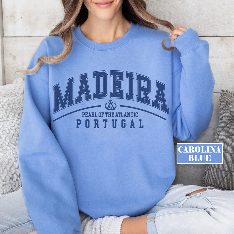 Madeira-tröja, Madeira-tröja med rund hals, Vintage-portugisiska kläder för kvinnor, portugisisk ö-tröja i överdimensionerad storlek, souvenirpresent, Funchal Carolina Blue