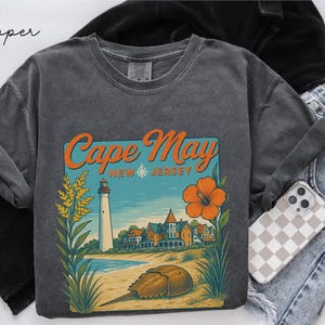 T-shirt graphique Cape May vintage, t-shirt Cape May Retro Grunge Comfort Colors®, cadeau souvenir des vacances du New Jersey, chemise de voyage Cape May unisexe
