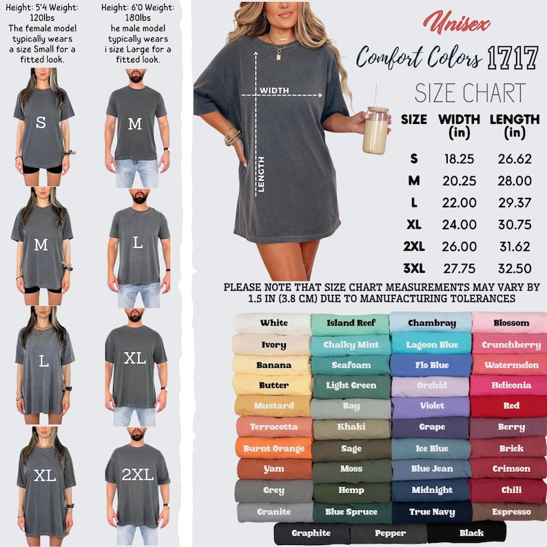 May include: Unisex Comfort Colors 1717 size chart with measurements in inches. Includes a color palette with options like white, black, and blue. The image also shows models wearing t-shirts in various sizes.