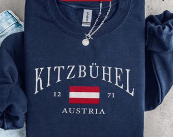 Kitzbühel broderad tröja, rundhalsad tröja med broderi från Österrikes flagga, semestertröja från Kitzbühel, österrikisk resepresent/souvenir