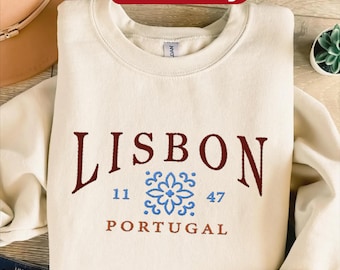 Lissabon broderad tröja, Portugal Azulejos broderi tröja med rund hals, Lissabon semestertröja, portugisisk resepresentsouvenir