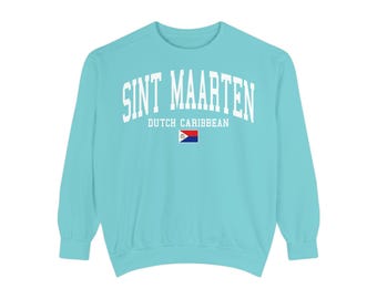 Felpa girocollo unisex con bandiera di Sint Maarten, colori comodi, ideale come regalo o souvenir per una vacanza nelle isole caraibiche olandesi.