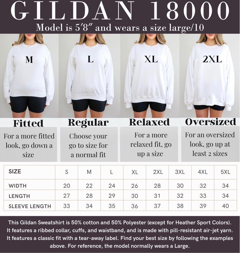 Pode incluir: Camisola Gildan 18000 branca com guia de tamanhos. A modelo tem 173 cm e veste tamanho grande. A tabela de tamanhos mostra as medidas de largura, comprimento e comprimento da manga. A camisola &eacute; 50% algod&atilde;o e 50% poli&eacute;ster.