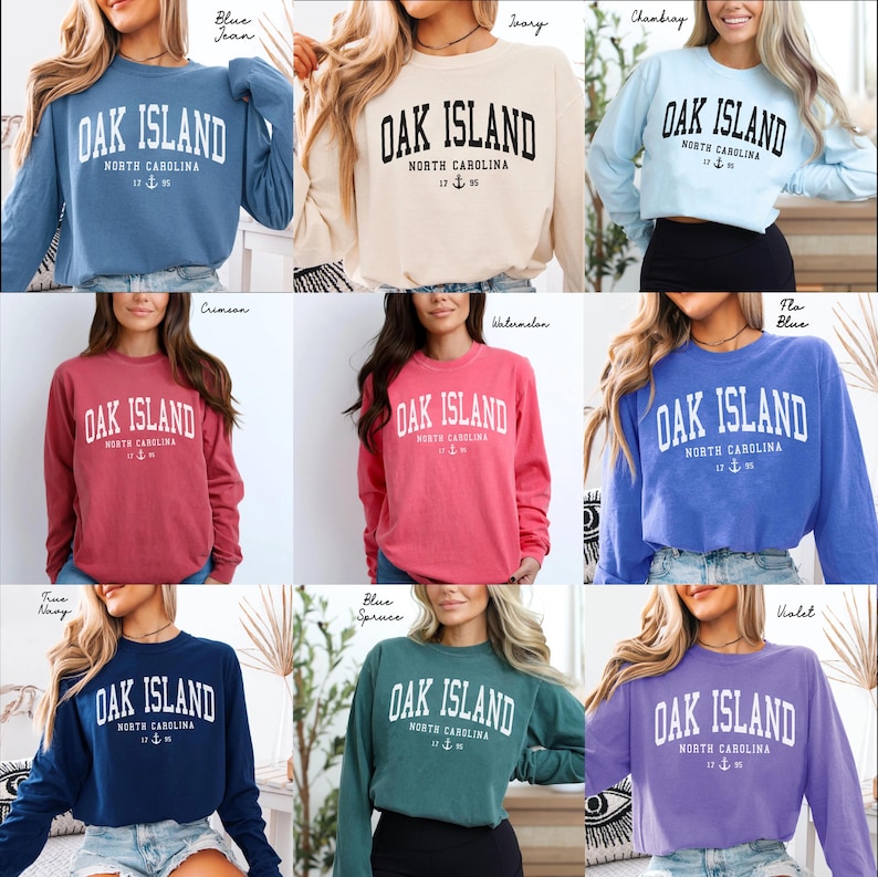 May include: A selection of long-sleeved sweatshirts in diverse colours, each featuring the white text "OAK ISLAND NORTH CAROLINA". The sweatshirts are available in hues such as blue, cream, crimson, and violet.