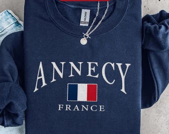 Annecy broderad tröja, rundhalsad tröja med broderi från Frankrikes flagga, Annecy-semestertröja, fransk resepresent/souvenir
