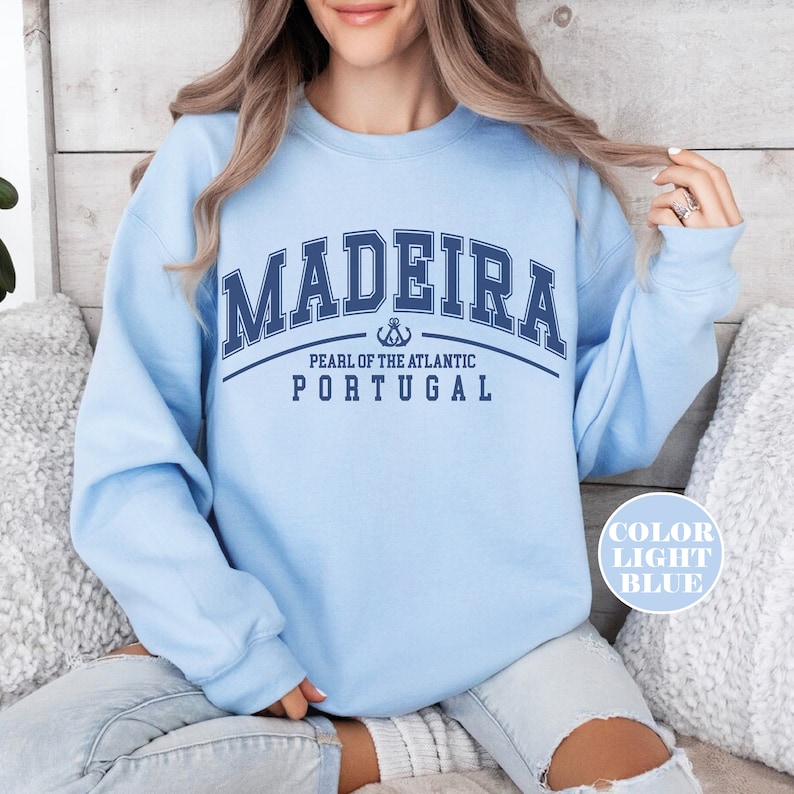 Madeira-tröja, Madeira-tröja med rund hals, Vintage-portugisiska kläder för kvinnor, portugisisk ö-tröja i överdimensionerad storlek, souvenirpresent, Funchal Light Blue