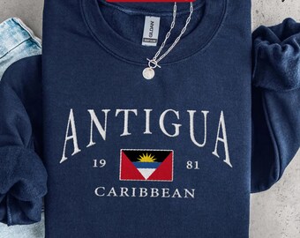 Antigua broderad tröja, karibisk broderad rundhalsad tröja, Antigua semestertröja, karibisk resepresent souvenir