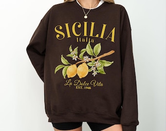 Sicilia sweatshirt crewneck,Unisex Italy Trip T-shirt,Italian lemons Long sleeve Tee, Vacation Gift Souvenir