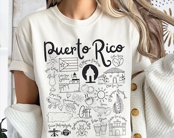 Maglietta Puerto Rico Comfort Colors®, Maglietta unisex Puerto Rico Doodles Landmarks, Souvenir Boricua, Maglietta caraibica,