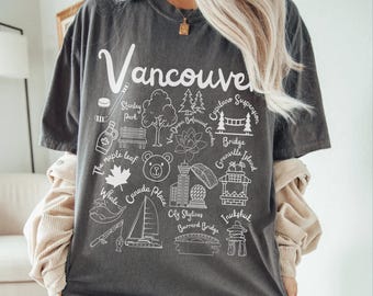 T-shirt Vancouver Comfort Colors®, chemise unisexe Vancouver Doodles Landmarks, Colombie-Britannique, Canada, cadeau de voyage souvenir, t-shirt Vancouver