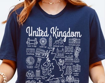 Storbritannien-tröja, England Doodle Landmarks Unisex-t-shirt, brittisk resepresent souvenir, London-semestertröja
