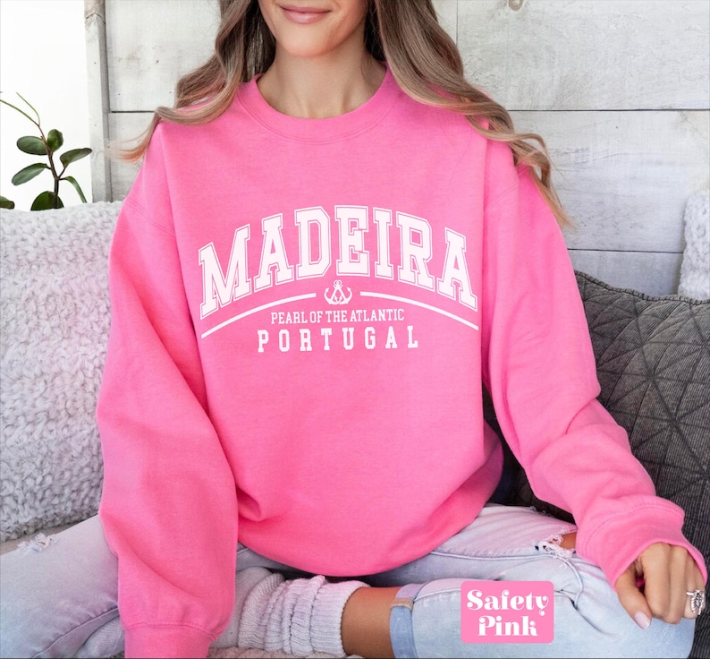 Madeira-tröja, Madeira-tröja med rund hals, Vintage-portugisiska kläder för kvinnor, portugisisk ö-tröja i överdimensionerad storlek, souvenirpresent, Funchal Safety pink